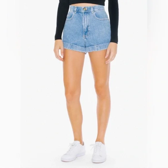American Apparel High Rise Hi Waisted Denim Cuffed Jean Shorts Summer Wash Blue - Picture 11 of 11